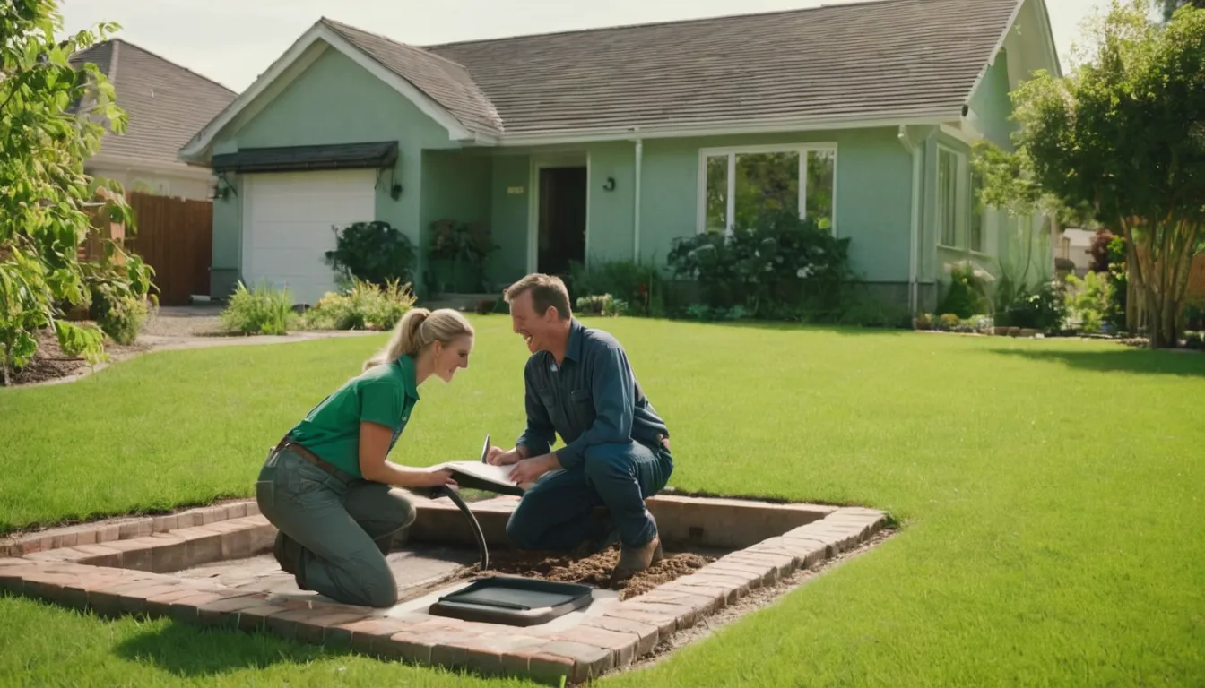 A local provider inspecting a septic tank access lid in a Kettering backyard while a homeowner looks on